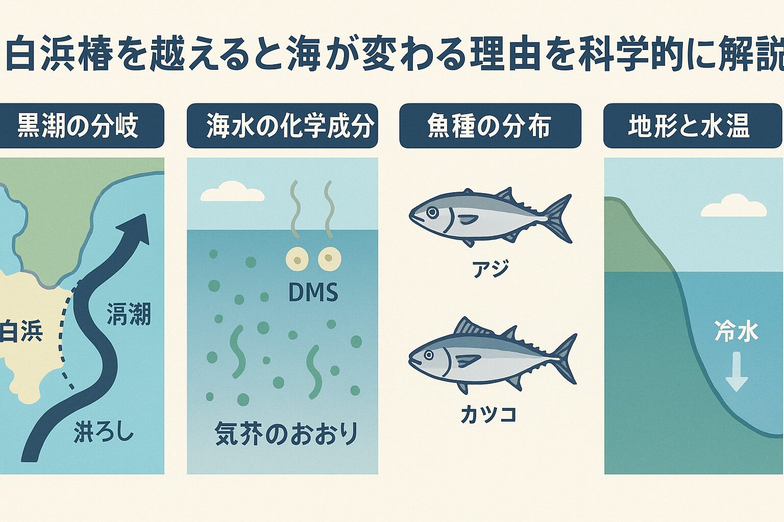 和歌山県白浜椿を境に海が変わるのは・黒潮本流と反流がぶつかる潮目・栄養塩濃度とプランクトン分布の差 ・溶存酸素量や水温変化・地形による湧昇流.釣太郎