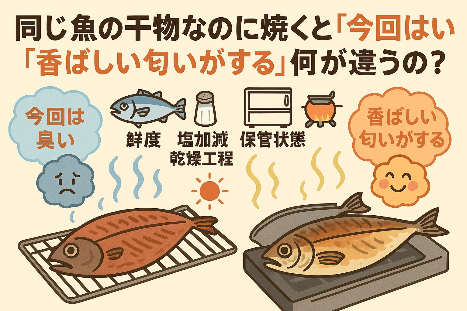 「同じ魚の干物でも香りが違う」その理由は、・鮮度・塩加減・乾燥方法・冷凍回数 ・焼き方など複数の要因が複雑に絡むため。釣太郎