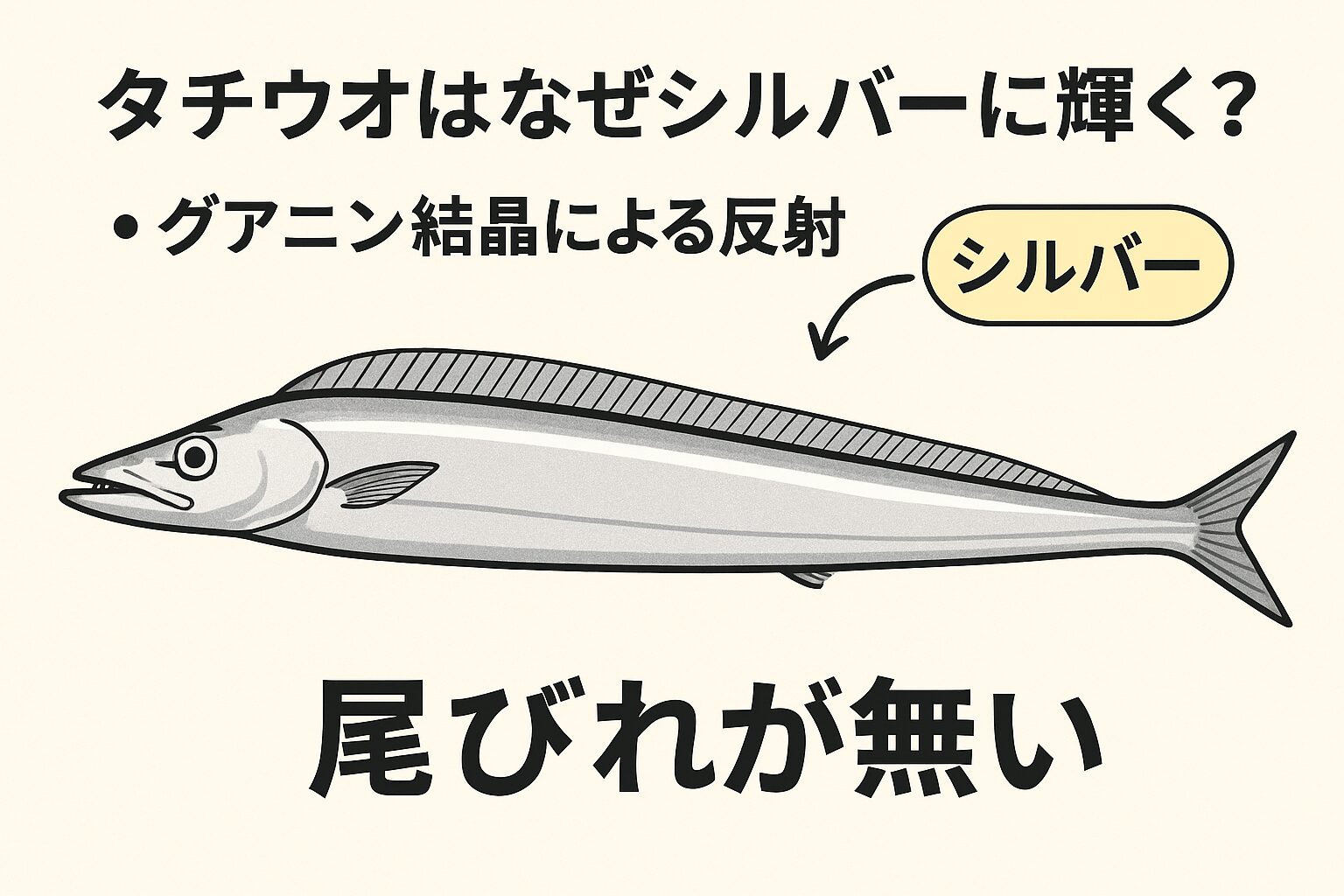 タチウオのシルバーに輝く体は「グアニン結晶」の反射によるもの。
尾びれが無いのは「進化の適応」で、背びれと体全体を使って泳ぐから。釣太郎