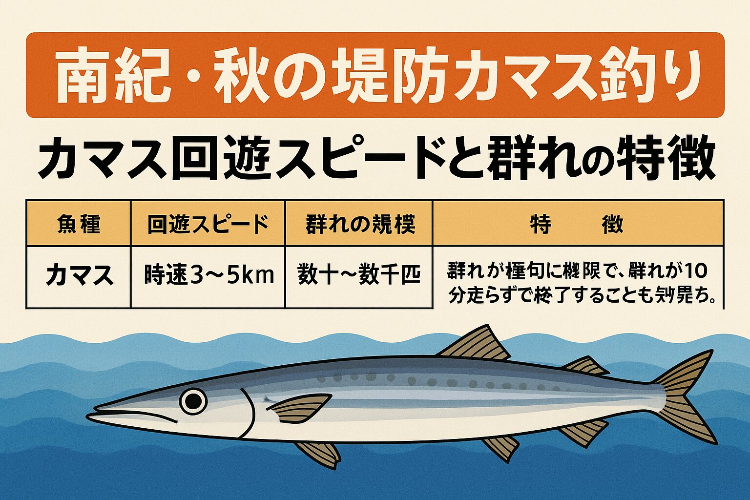 南紀の秋はカマスが最も活発に回遊するベストシーズンです。平均時速3〜5kmという速さ・数十〜数千匹という群れ規模。ベイト追尾による一瞬の爆釣タイム。釣太郎
