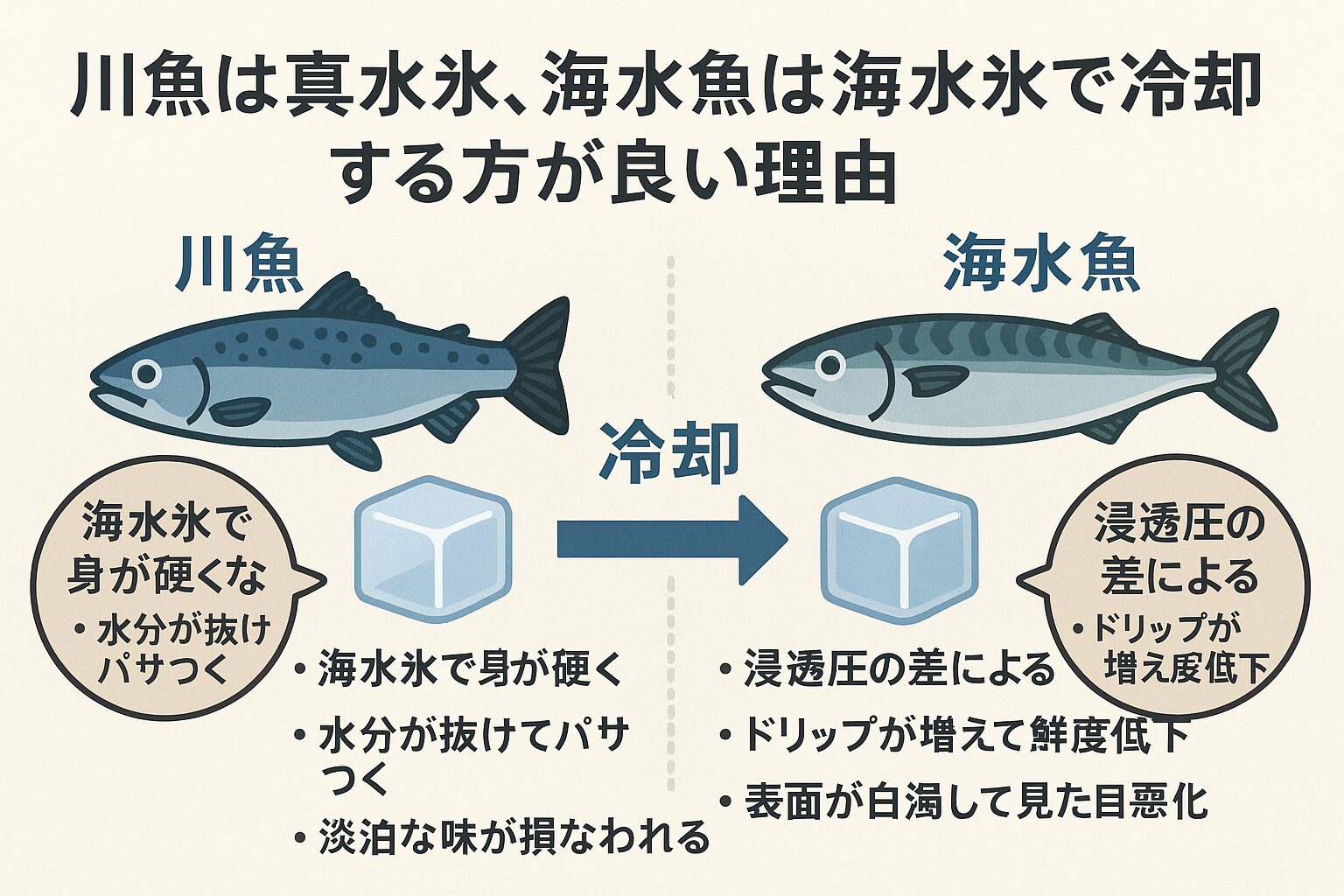 川魚は真水に適応しているため「真水氷」で冷却すべき。海水魚は塩分環境に適応しているため「海水氷」で冷却すべき。釣太郎