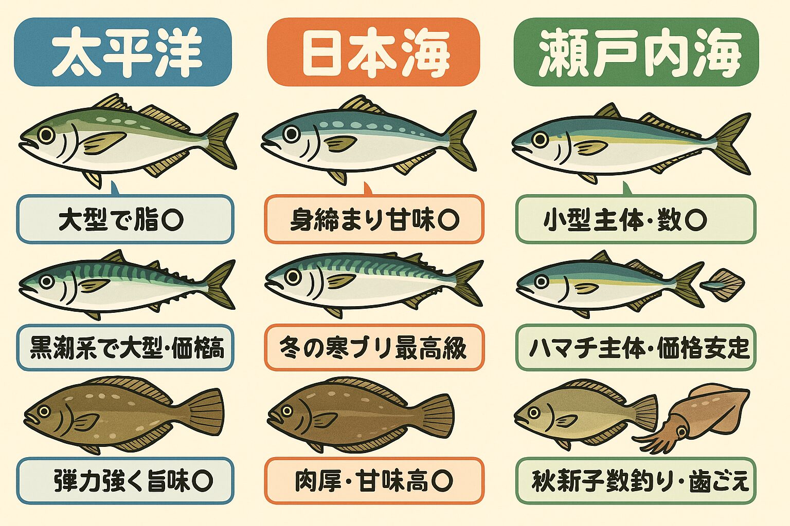 アジ・サバ・ブリ・ヒラメ・アオリイカは海域で味も価格も変わる