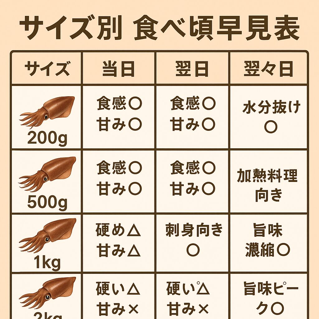 アオリイカ小型（200g）は翌日がベストで、それ以上寝かせると劣化しやすい。釣太郎