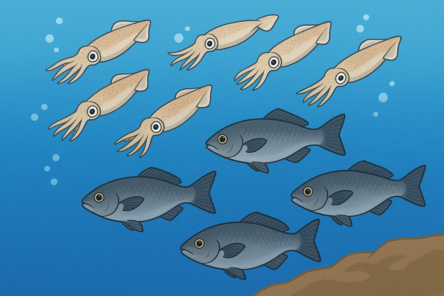 魚、アオリイカの群れは小型が上・大型が下という層分けは、捕食リスク・エサの分布・体力差が複合して起こる。ブリやカマス、アジなど他の回遊魚でも同様の傾向が見られる。釣太郎