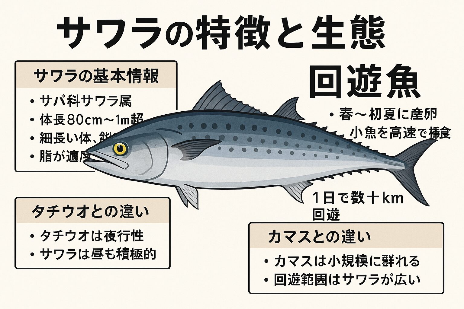 サワラは黒潮を利用して長距離を移動する本格的な回遊魚であり、 タチウオやカマスよりも広域かつ高速に動くのが特徴。釣太郎