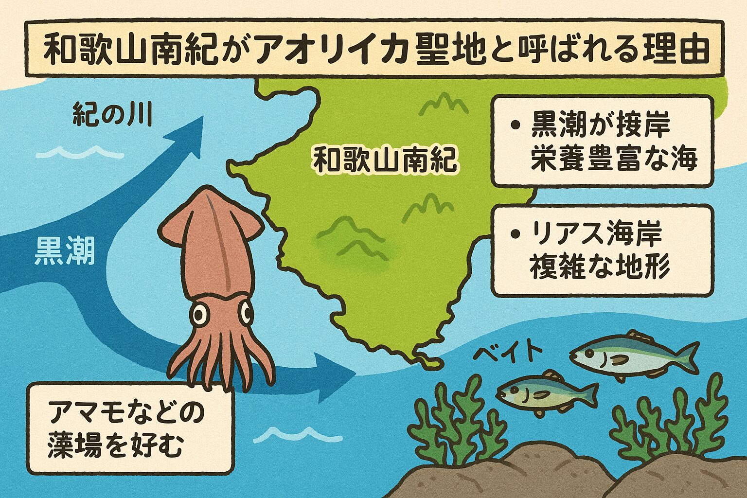 和歌山南紀がアオリイカの聖地と呼ばれるのは、黒潮・地形・温暖気候という三拍子が揃い、産卵から回遊まで一年中イカが集まる環境だから。釣太郎