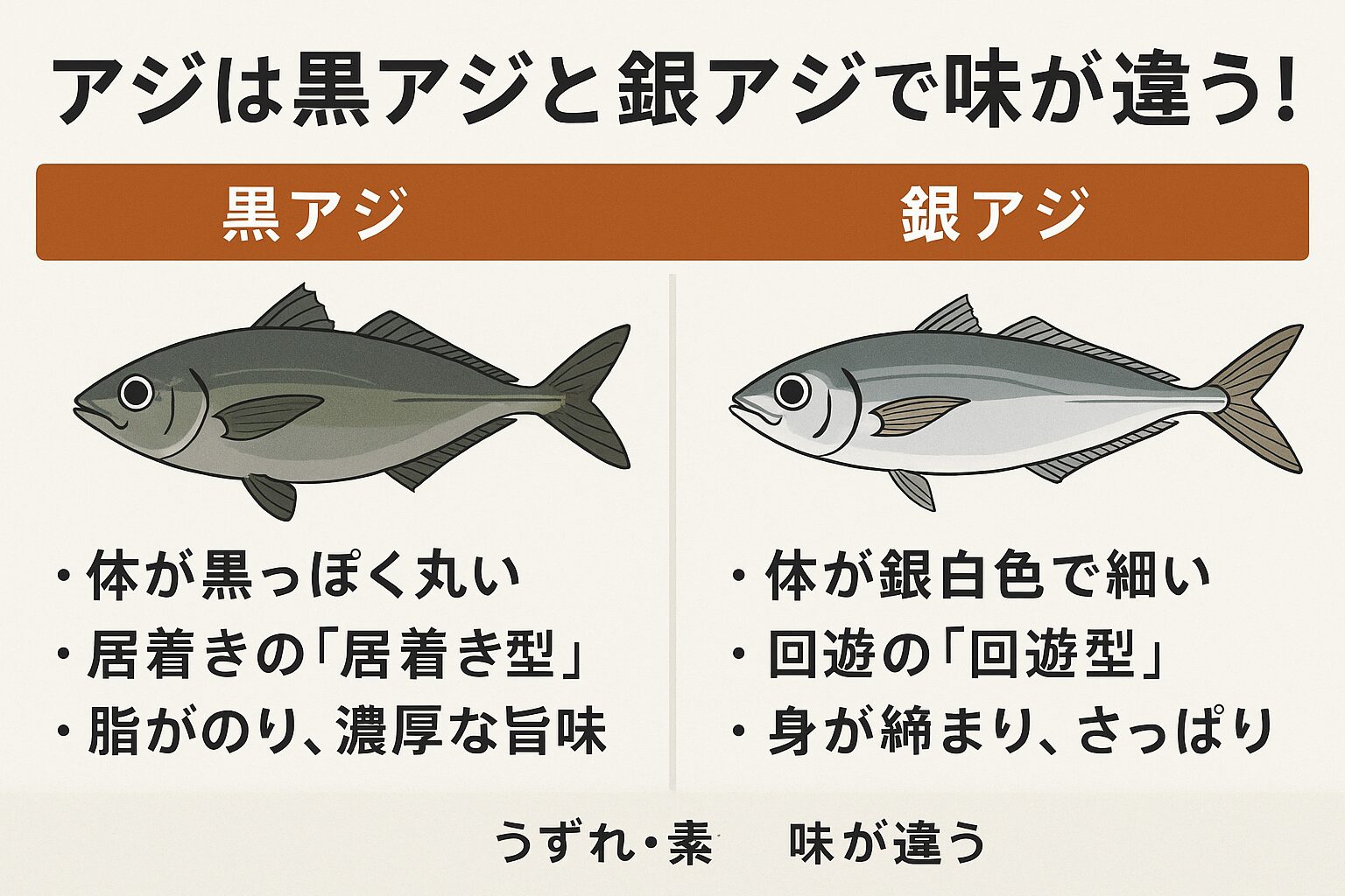 アジは「黒アジ(居着き型)」と「銀アジ(回遊型)」に分けられる。黒アジは脂がのって濃厚、銀アジは引き締まってあっさり。釣太郎