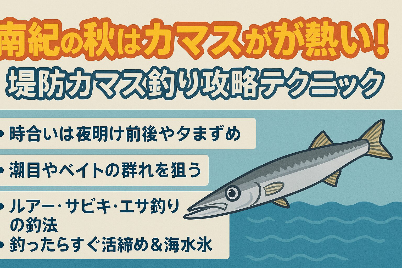 南紀の秋は、堤防から狙えるカマス釣りのゴールデンシーズン。・夜明け前後の時合いを逃さず・潮目やベイトの動きを読む・海水氷で鮮度保持。釣太郎