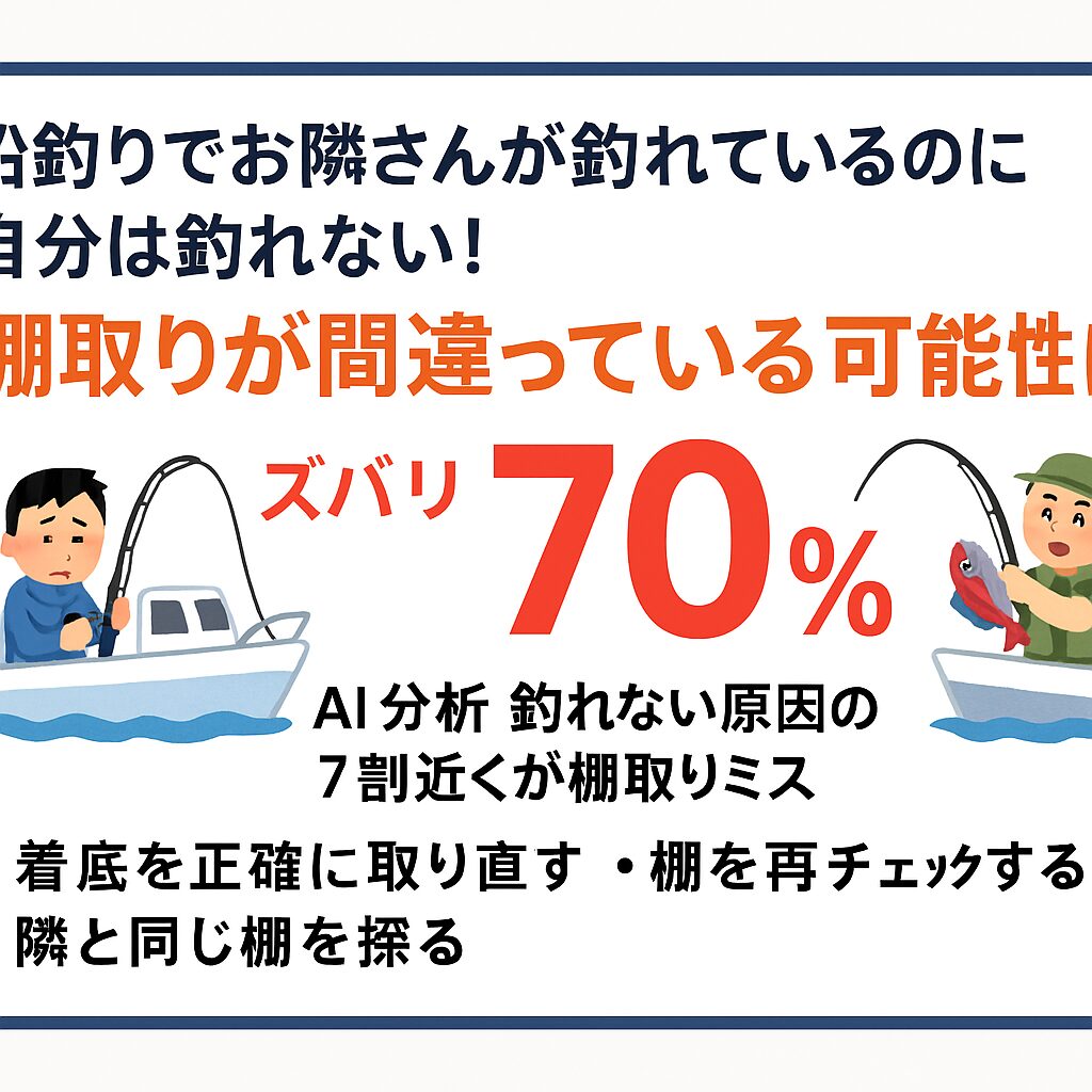 隣は釣れているのに自分が釣れない時、70％の確率で棚取りミスが原因。正しい棚を外すと、いくら仕掛けや誘いを工夫しても魚に届かない。釣太郎