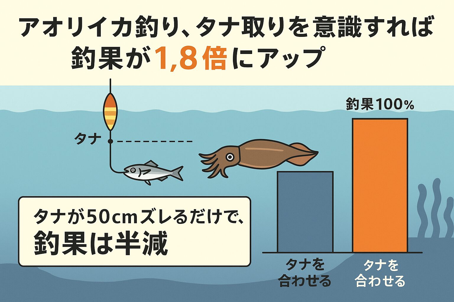 アオリイカ釣りは、タナ取りを軽視すると釣果が半減し、せっかくの好条件を逃してしまいます。・タナを意識すれば釣果が最大1.8倍にアップ
・わずか50cmのズレでもアタリが激減。釣太郎