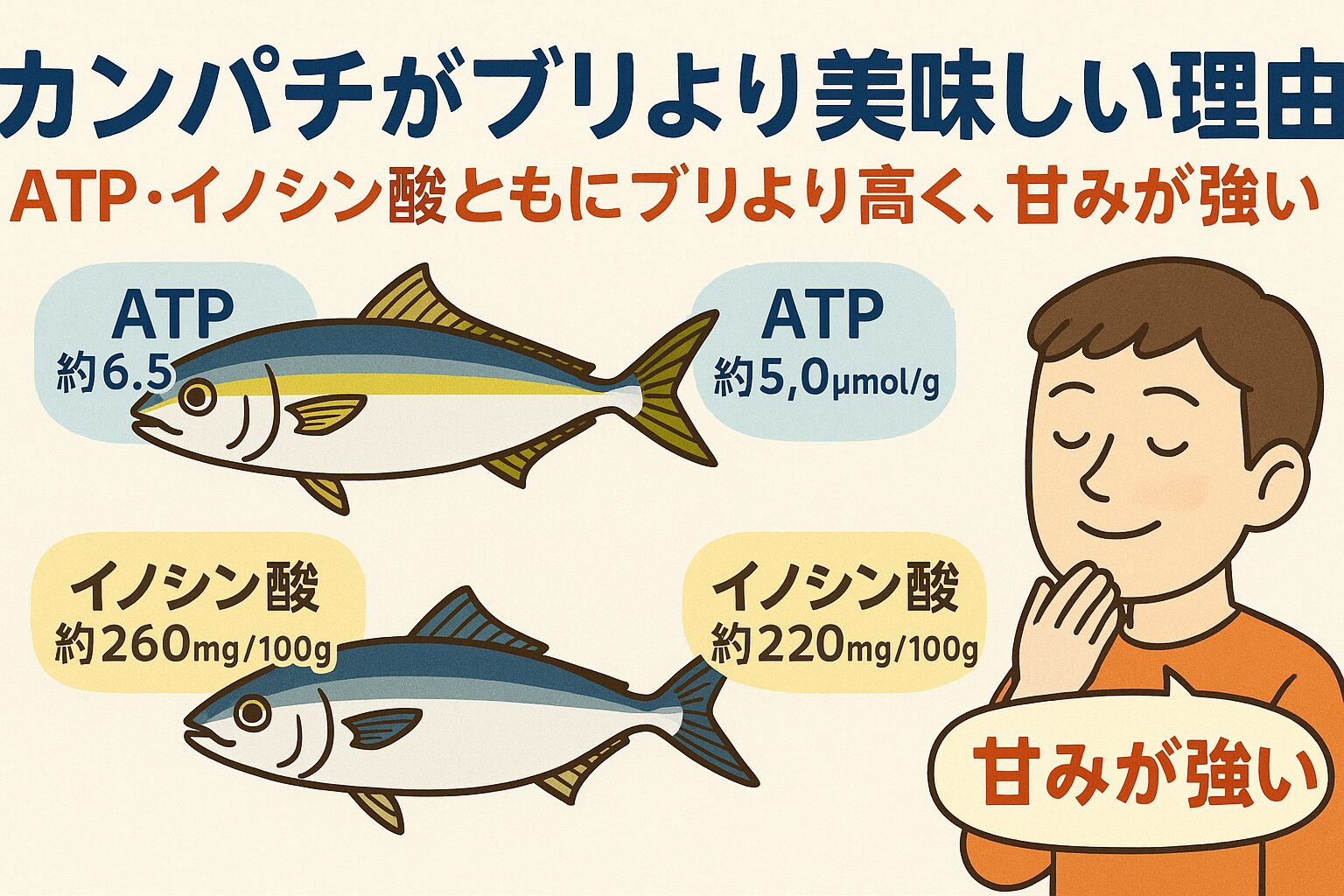カンパチがブリより美味しい理由はATPが約30%多く、旨味の元が豊富・イノシン酸が約20%高く、甘みが強い・EPA・DHA比率が高く、脂質のキレが良い.釣太郎