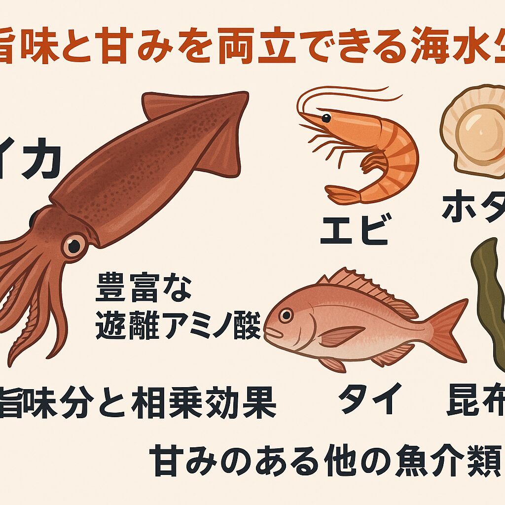 イカは甘味アミノ酸と旨味成分が突出しており、「旨味+甘味」をダイレクトに感じられる代表的存在。釣太郎