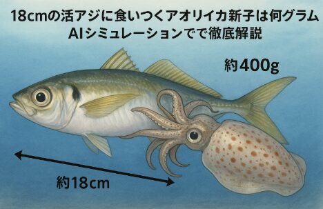 18cm弱のアジを捕食できるのは、概ね 400g以上のアオリイカ新子。釣太郎