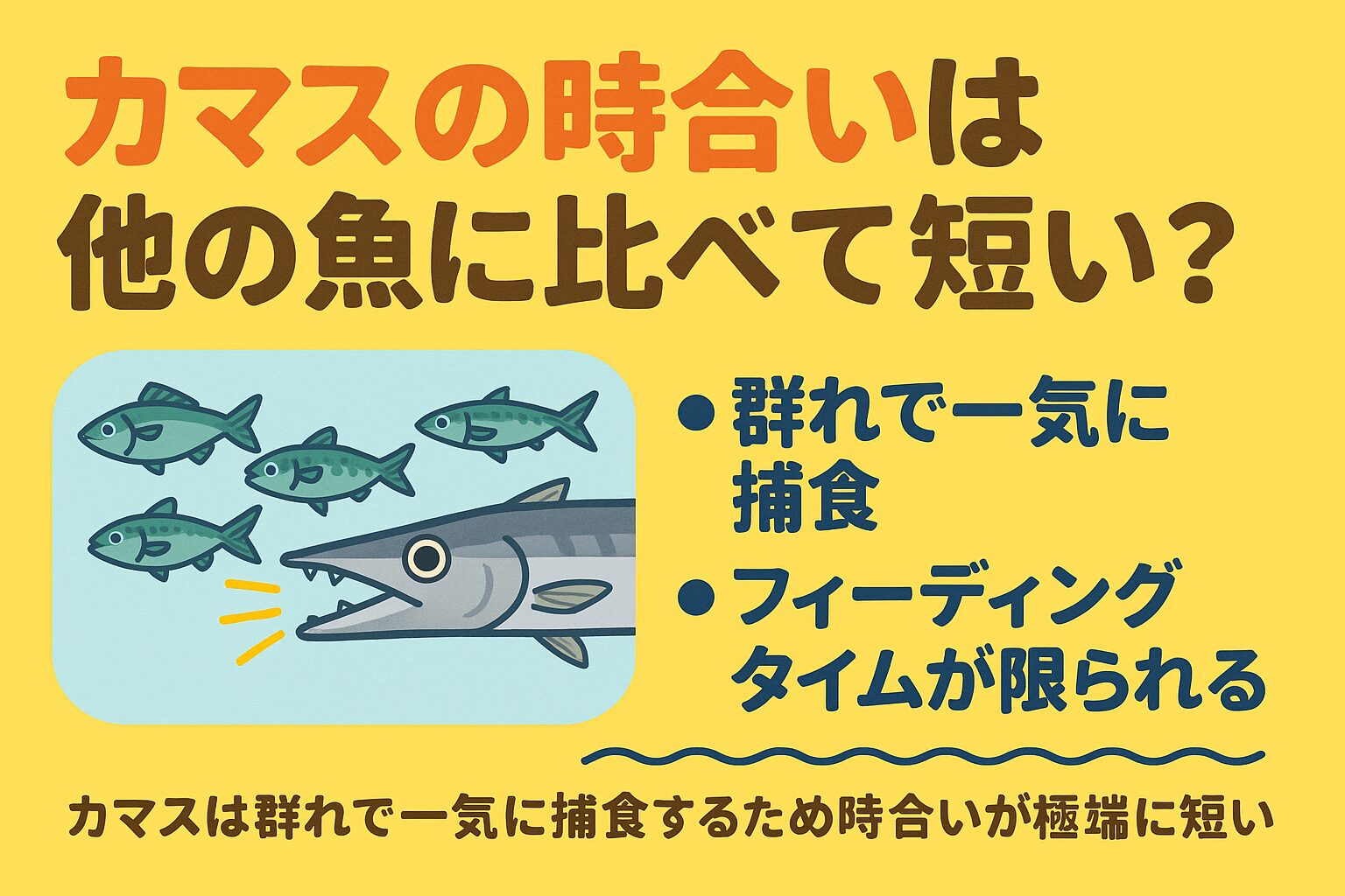 カマスは「短時間で勝負が決まる魚」。朝夕マヅメを狙い、群れが回ってきた瞬間を逃さない準備こそ釣果アップの鍵。一瞬の爆釣タイムを味方にしよう。釣太郎