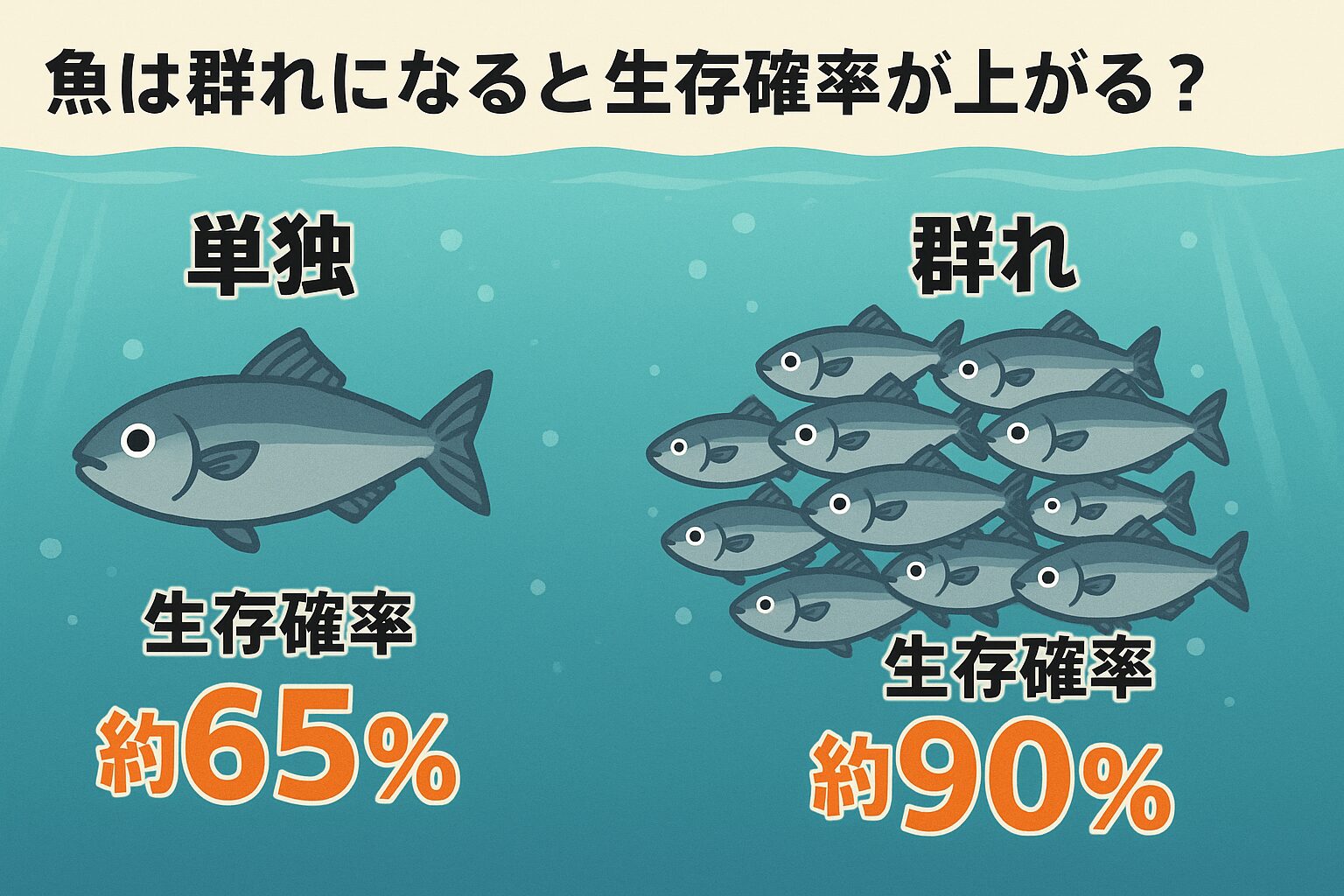 AIシミュレーションによる生存確率は・単独行動：約65％・小規模群れ：約80％・大規模群れ：約90％。海の中で生き抜くためには、環境に応じて群れるか単独かを選ぶ柔軟性が重要.釣太郎