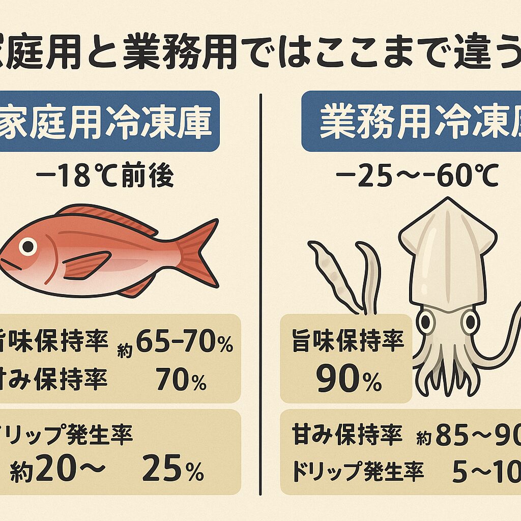 家庭用冷凍庫では旨味保持率65〜70％、業務用なら90％ ・アオリイカの甘みは業務用で約20％アップ ・釣り人が最高品質を目指すなら、急速冷凍が鍵.釣太郎