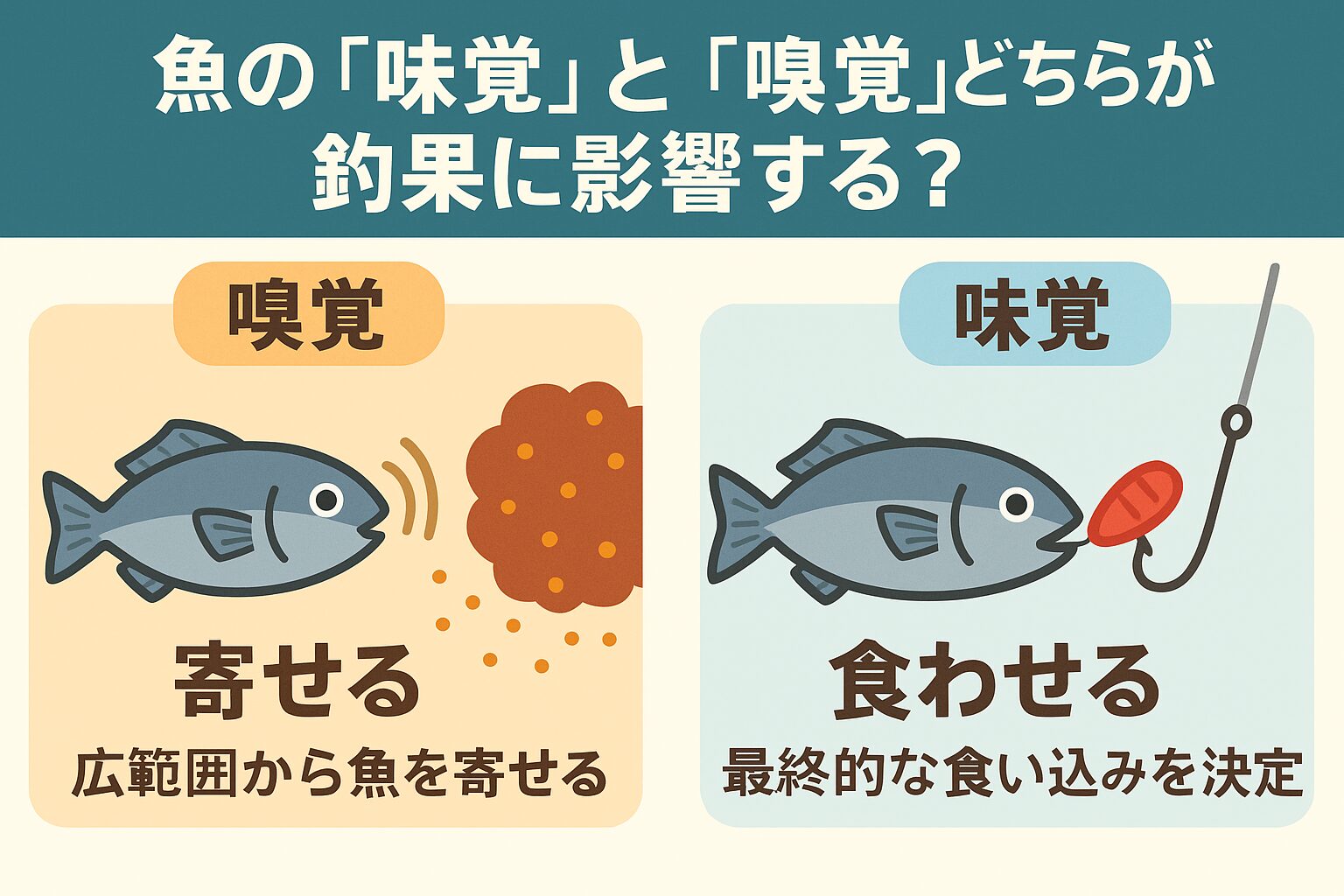 魚の釣果に影響するのは「嗅覚」と「味覚」の両方です。・嗅覚は寄せ効果（広域の魚を呼ぶ）・味覚は食い込み効果（針掛かりを深める）釣太郎