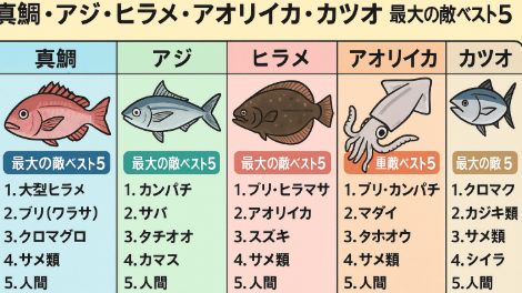 真鯛、アジ、ヒラメ、アオリイカ、カツオはいずれも海の食物連鎖の一部であり、多くの捕食者に囲まれている。特に稚魚期は捕食圧が高く、生存率は数%以下。釣太郎