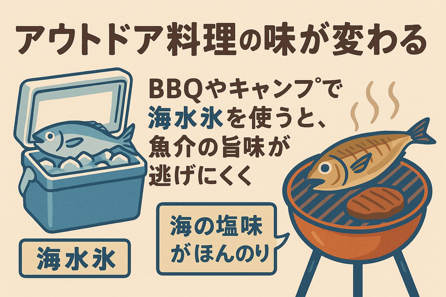 BBQやキャンプで海水氷を活用すると、魚介の旨味保持率約20％アップ・自然な塩味がプラス・鮮度維持時間も延長.釣太郎