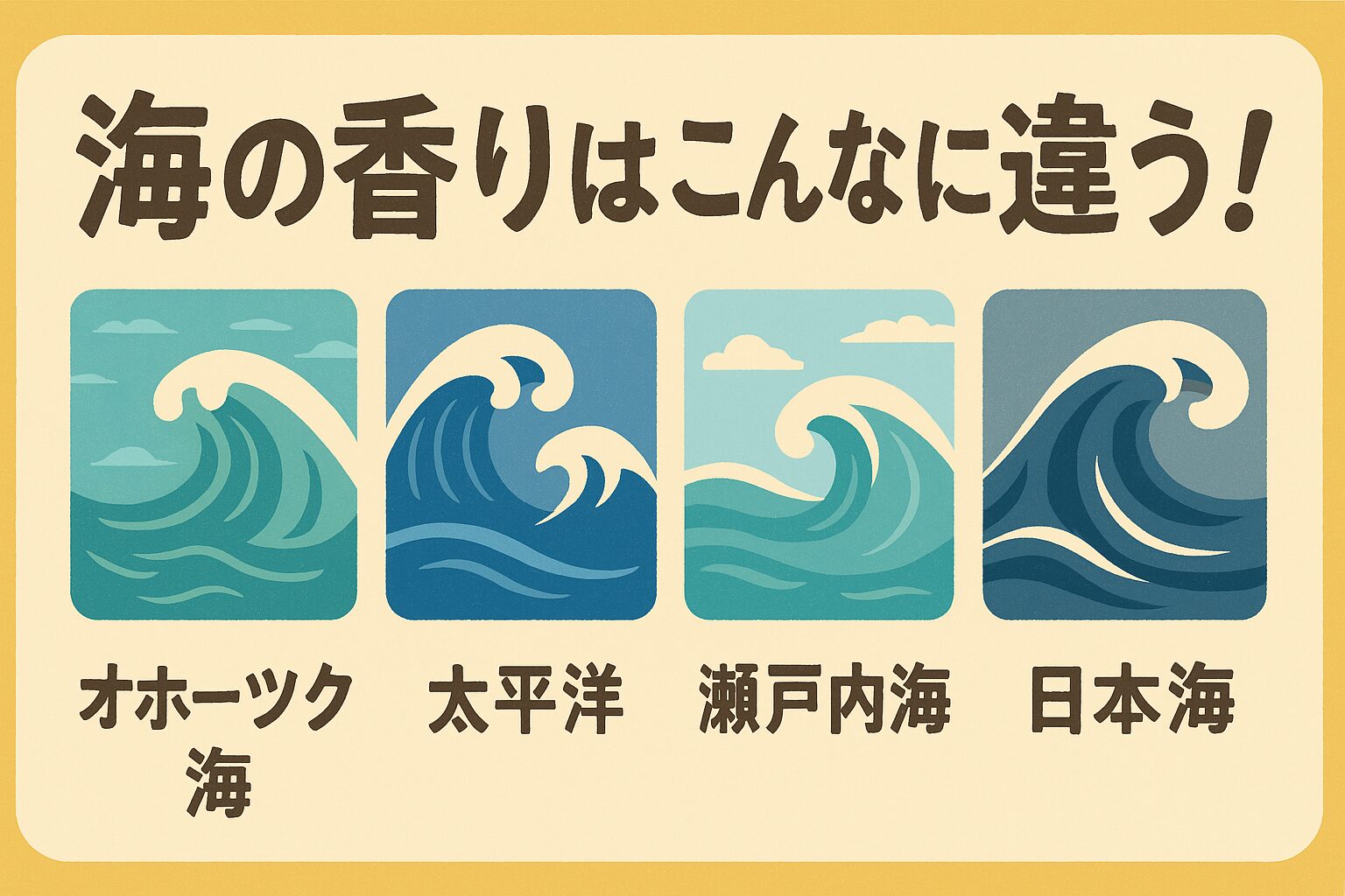 オホーツク海は冷涼でミネラル感、太平洋は力強く塩気、瀬戸内海は柔らかく藻の甘み、日本海は濃厚で冬のキレ。 ・同じ日本でも、海の香りは地域と季節で大きく変わる。釣太郎