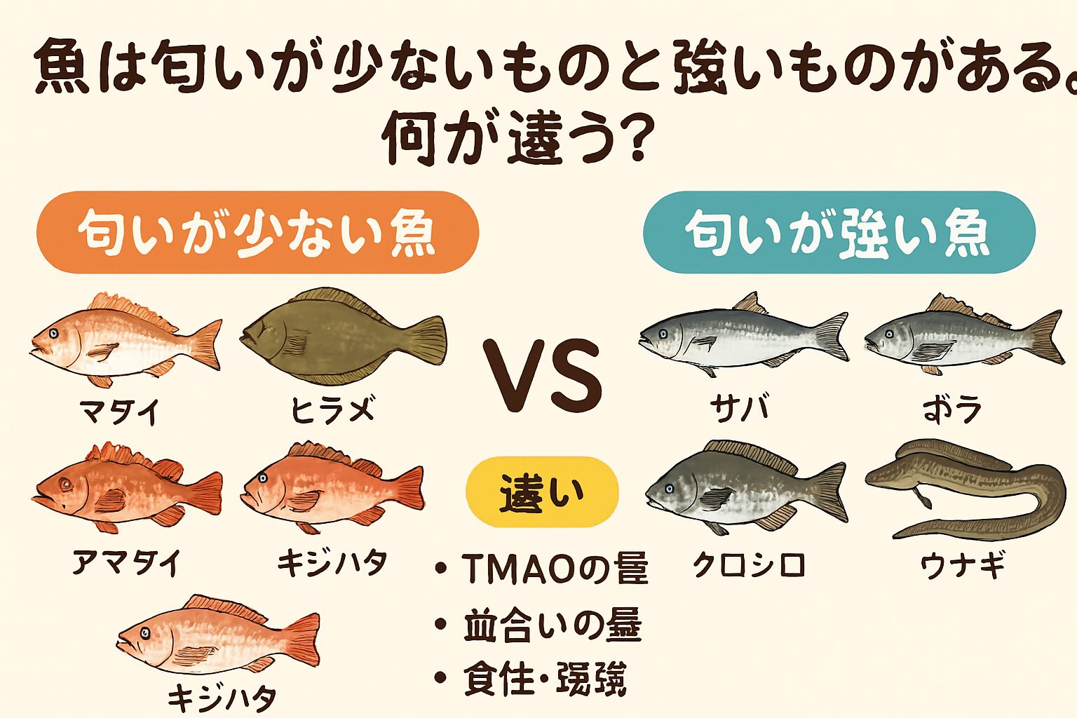 青魚や汽水域の魚は匂いやすく、白身魚や外洋性の魚は匂いにくい傾向があります。釣太郎