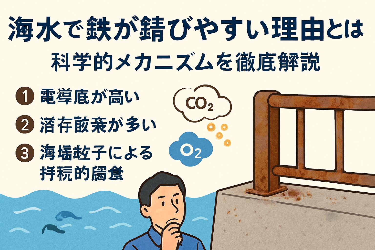 海水による鉄の腐食は、電導度・溶存酸素・海塩粒子という3つの要因が複雑に絡み合って進行します。釣太郎