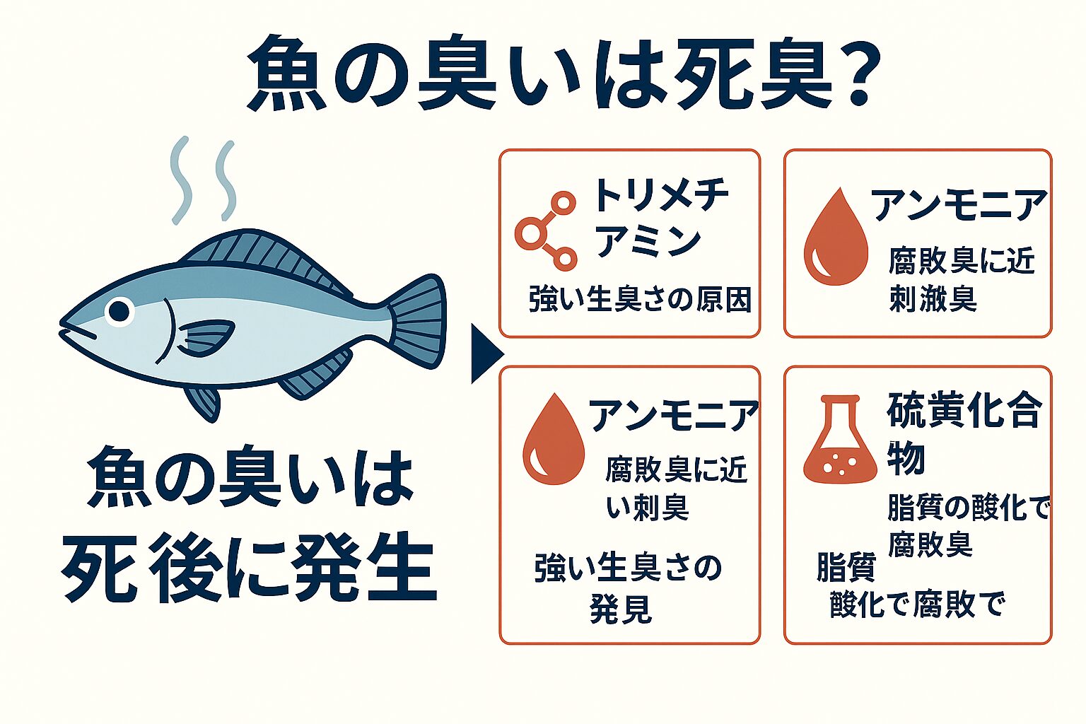 魚の臭いは、死後に起こる分解反応や腐敗によって発生する「死臭」に近いものです。釣太郎