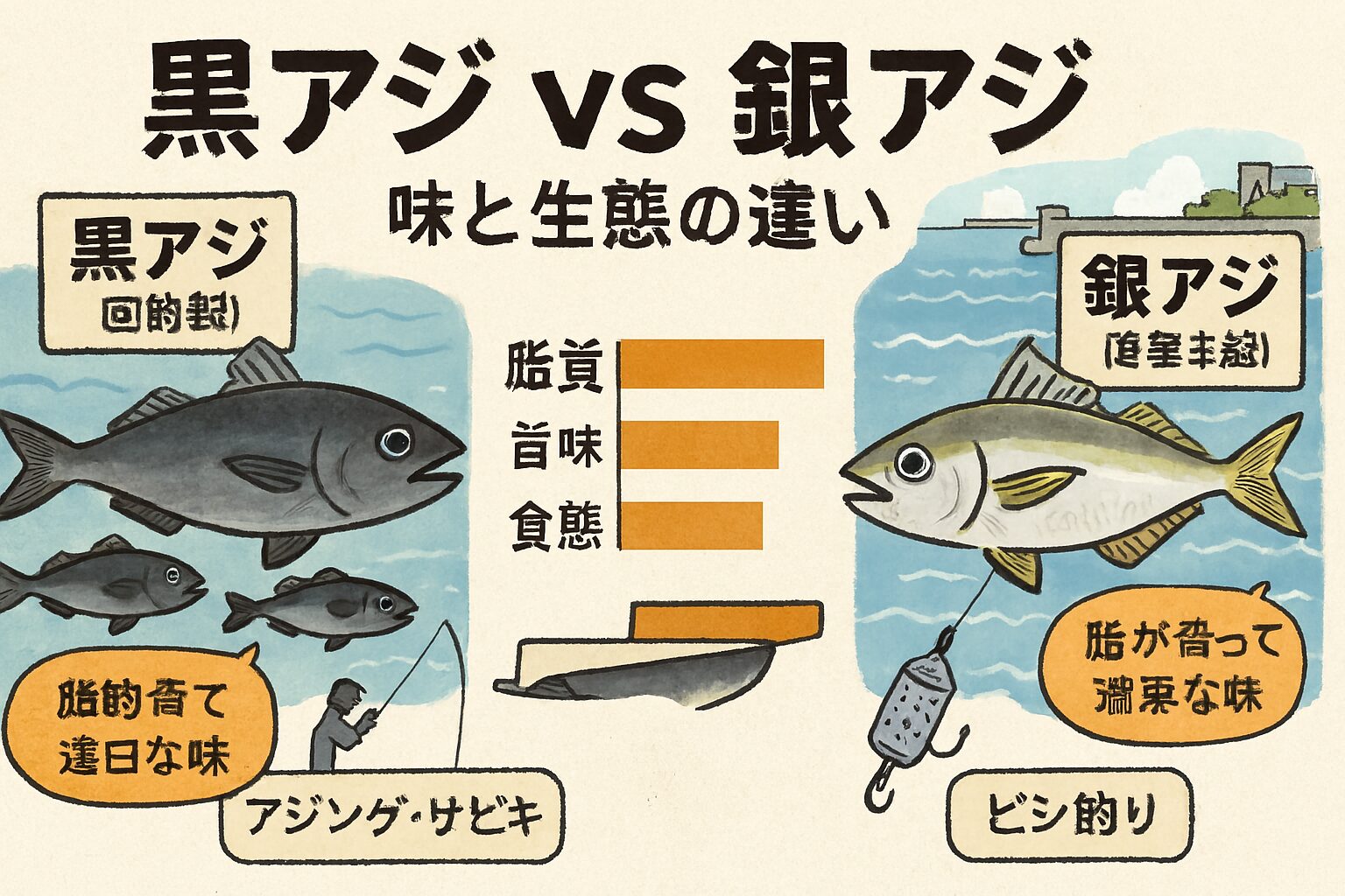 アジは同じマアジでも、居着き型と回遊型で味がまったく違う。 釣り人が狙うべきは、脂が乗った銀アジ・黄アジ。釣太郎