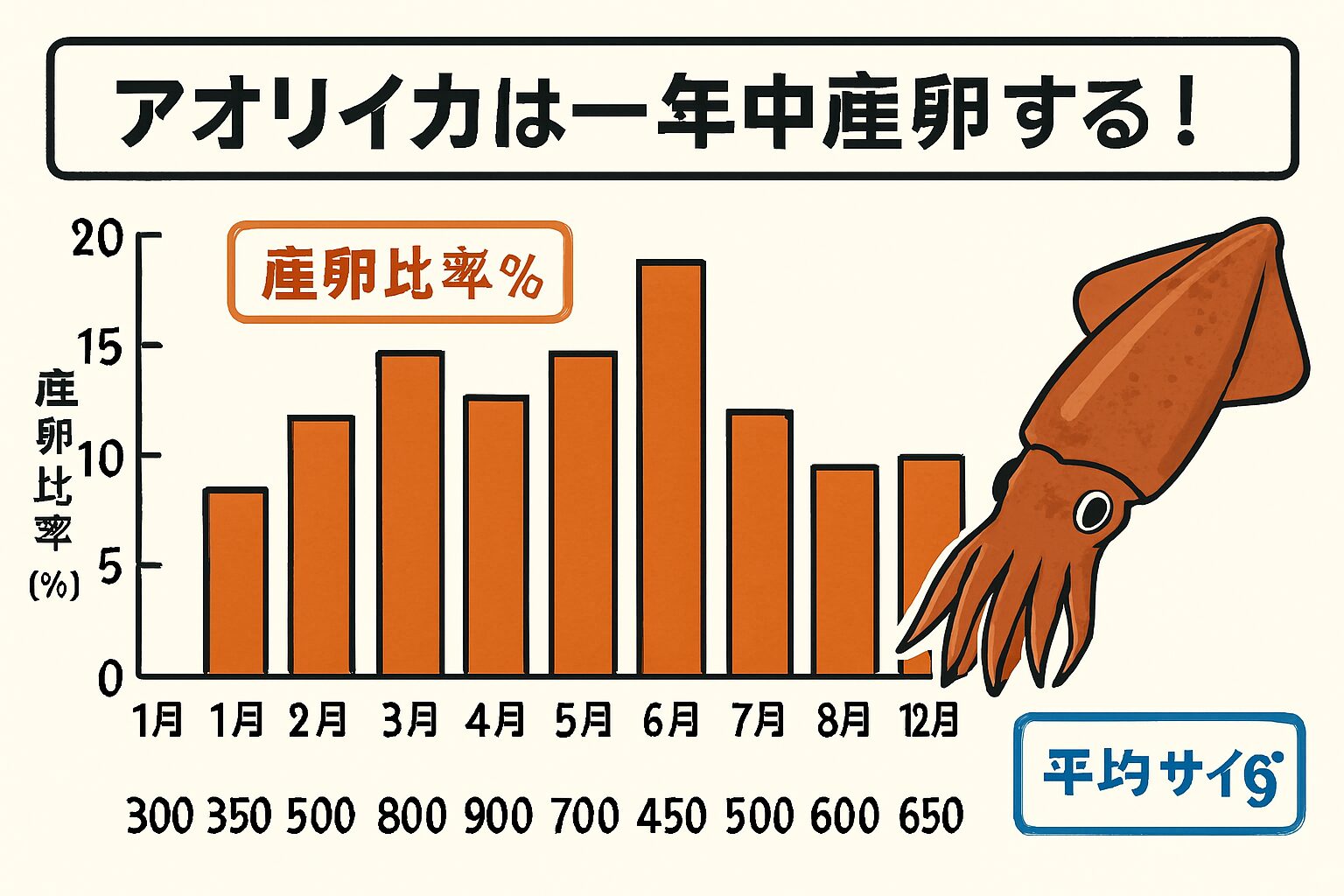 アオリイカの月別産卵比率と平均サイズ(g)を棒グラフで視覚化.釣太郎