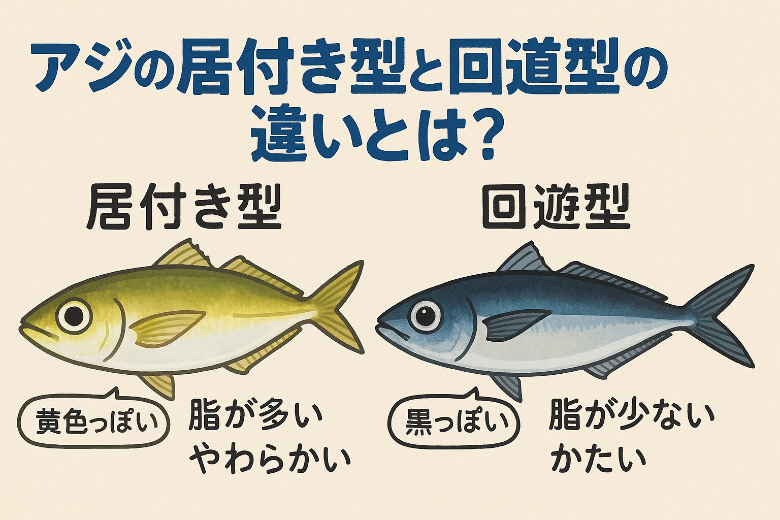 アジは一括りにされがちですが、「居付き型」と「回遊型」では生態も味もまったく異なります。釣太郎