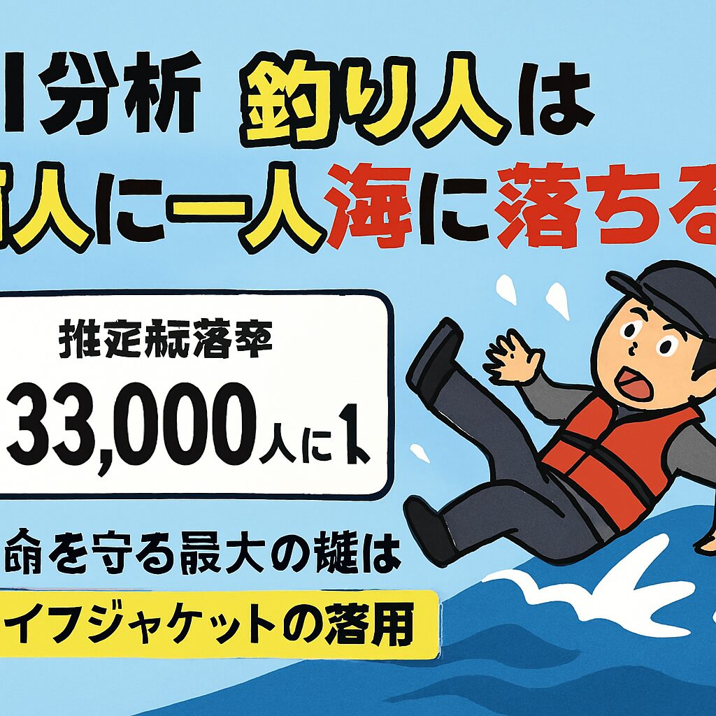 年間釣り人口:約700万人。年間海中転落事故:約210件。 約33,000人に1人が海に落ちている計算。釣太郎