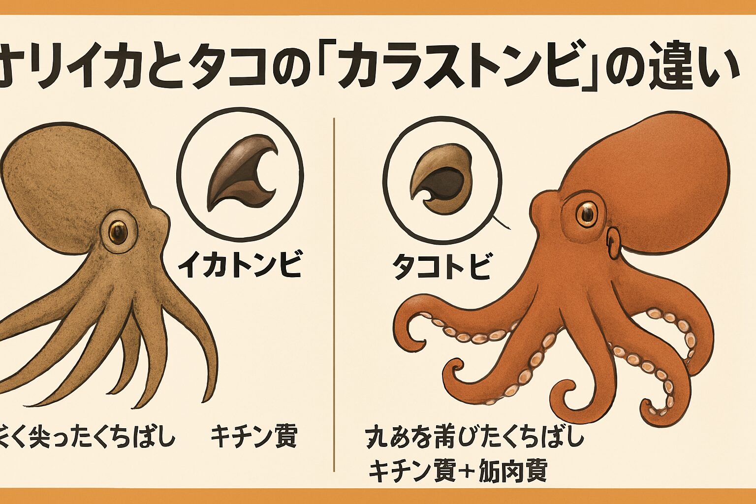 アオリイカとタコの歯は、見た目は似ていても、機能・進化・哲学的意味まで含めるとまったく異なる存在。イアカ、タコトンビ。釣太郎