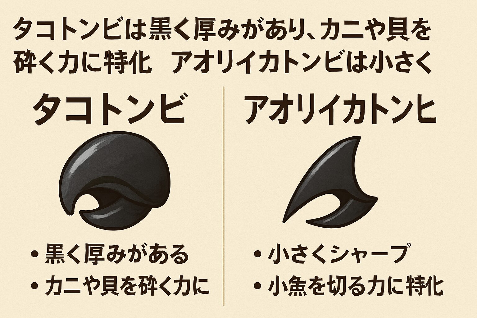 タコとアオリイカのトンビは、ただの器官ではなく、命の設計図。 砕く力と切る力、それぞれの生き方に合わせて進化した構造。釣太郎