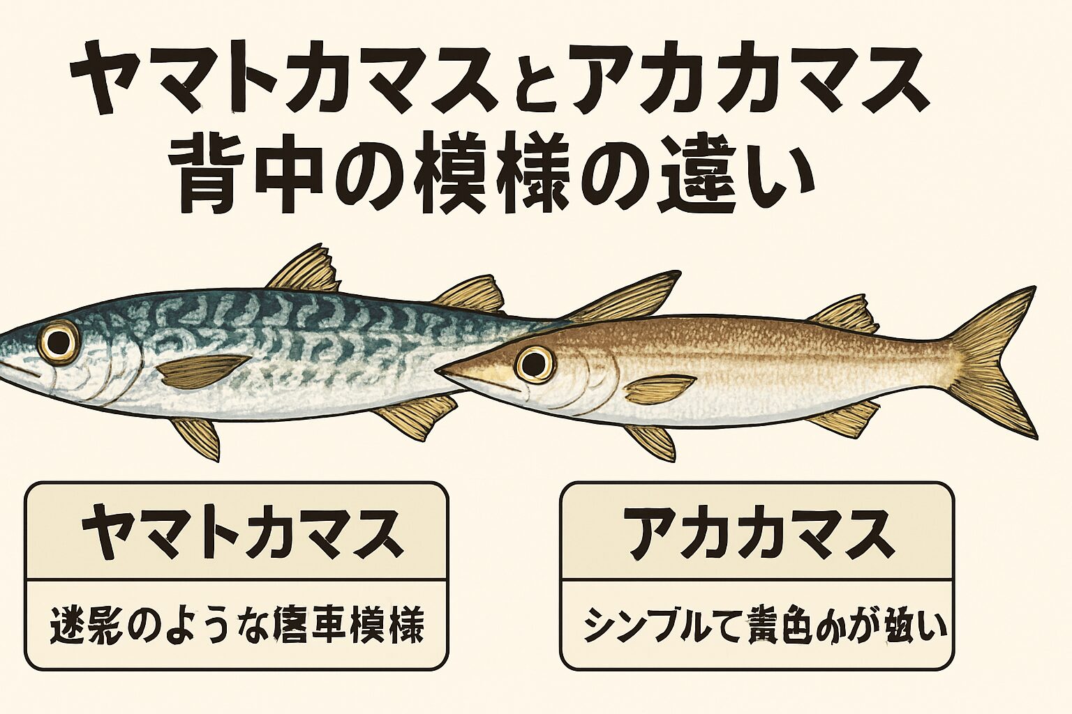 ヤマトカマス 唐草模様・迷彩風の斑点。青〜黒っぽい 模様がはっきり見える。アカカマスは、模様なし・均一な色合い 黄〜赤みが強い、鱗が荒く光沢がある。釣太郎