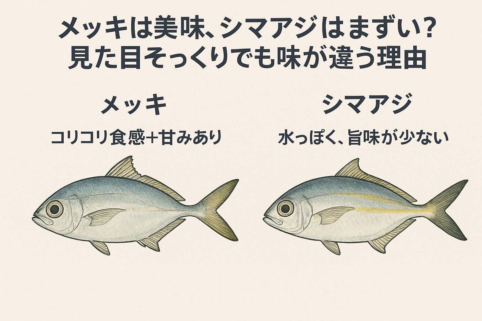 メッキ（ヒラアジ類）は、幼魚でも筋肉質で運動量が多く、身が締まっている。 シマアジの幼魚は、成魚になるまでに脂が乗らず、身も水分が多くて味が薄い。釣太郎