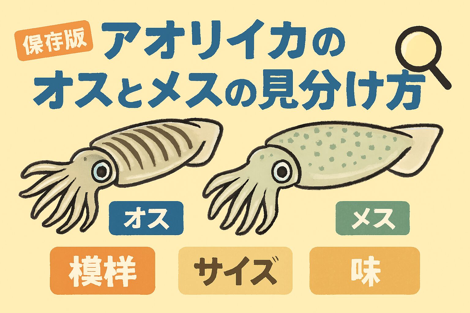 アオリイカ雌雄の見分け方。オス:横線状のシマシマ模様。メス:緑がかった斑点模様(ドット柄)。釣太郎