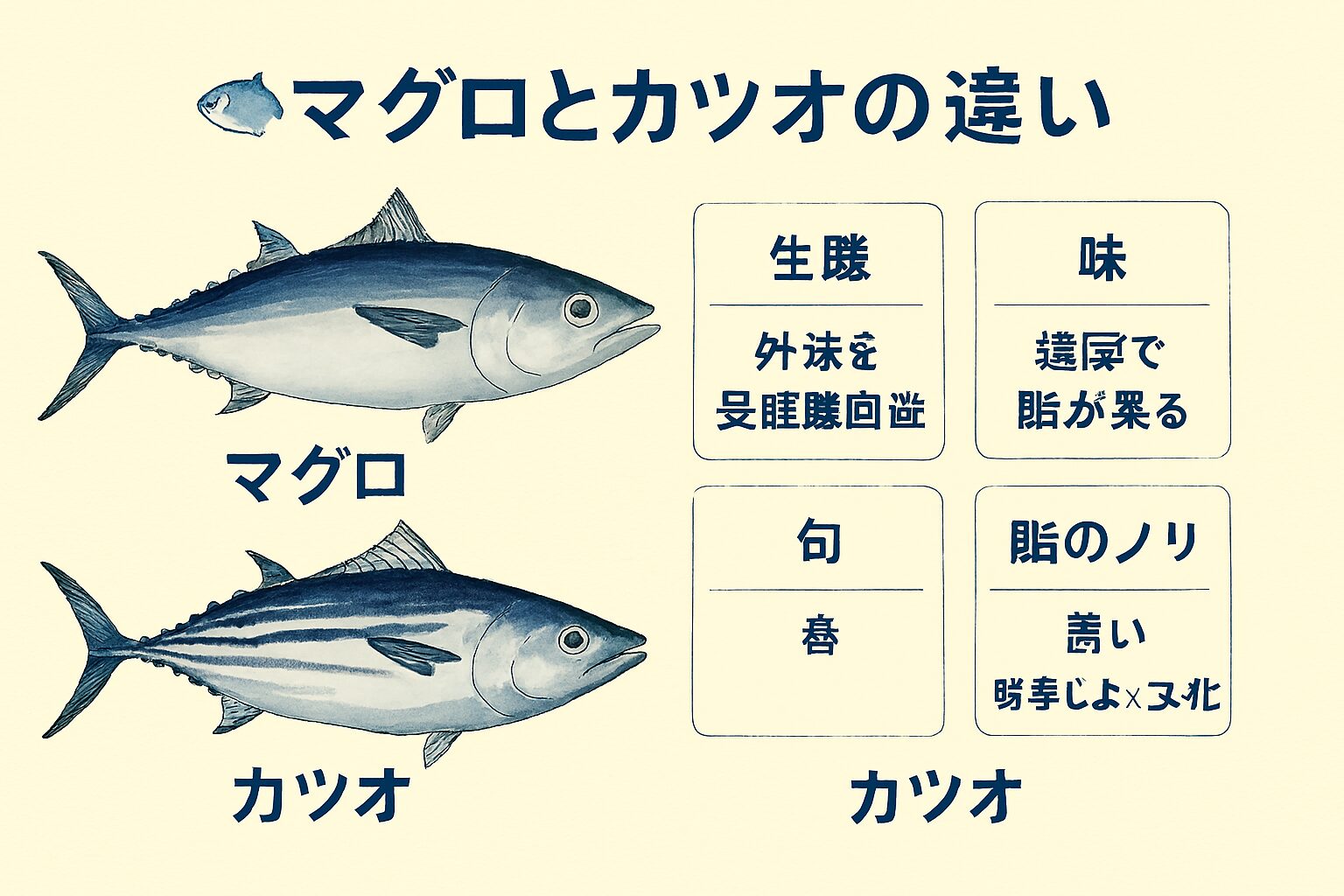 マグロは「濃厚でリッチな味わい」、カツオは「季節感と薬味の妙」。 どちらも回遊魚としての力強さと、赤身魚としての栄養価を兼ね備えています。釣太郎
