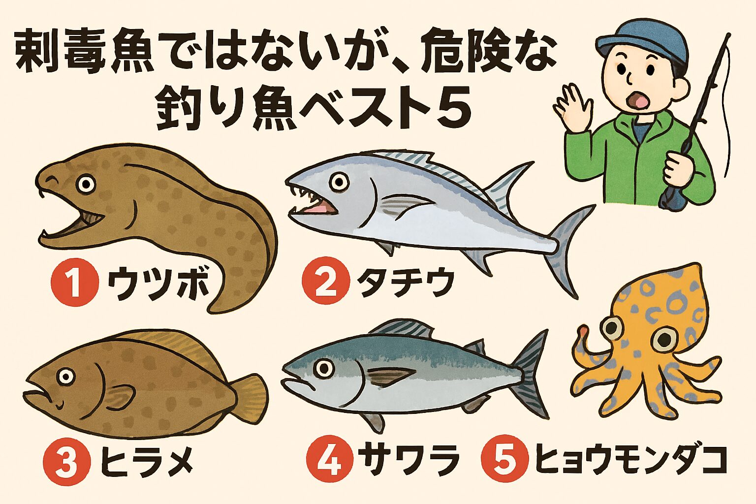 釣り場での事故は、「知識不足」と「油断」から起こります。刺毒魚だけでなく、噛む・暴れる・鋭い歯を持つ魚にも十分な注意が必要です。釣太郎
