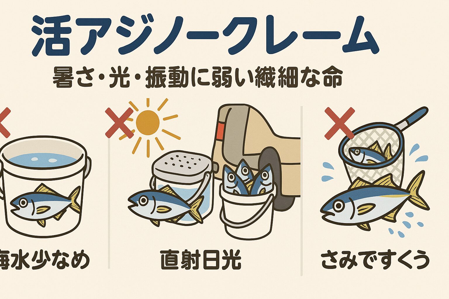 【活アジノークレーム】暑さ・光・振動に弱い繊細な命を守るために|釣り人の責任と取り扱い完全ガイド。釣太郎