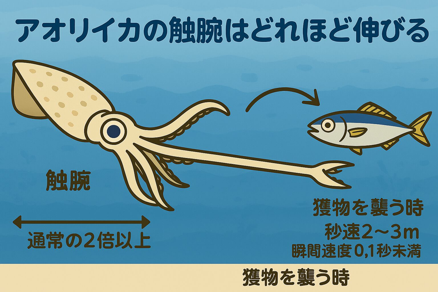 触腕の伸びる速度は、0.1秒未満で獲物に到達する。釣太郎