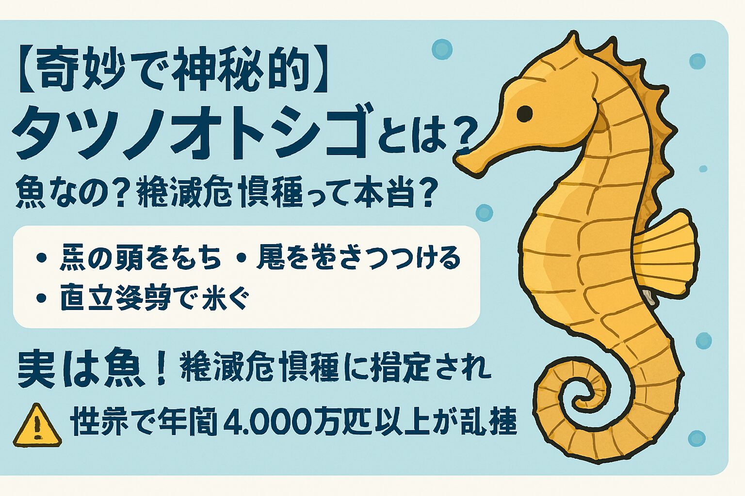 タツノオトシゴは絶滅危惧種に指定されており、世界では年間4,000万匹以上が乱獲されています.釣太郎
