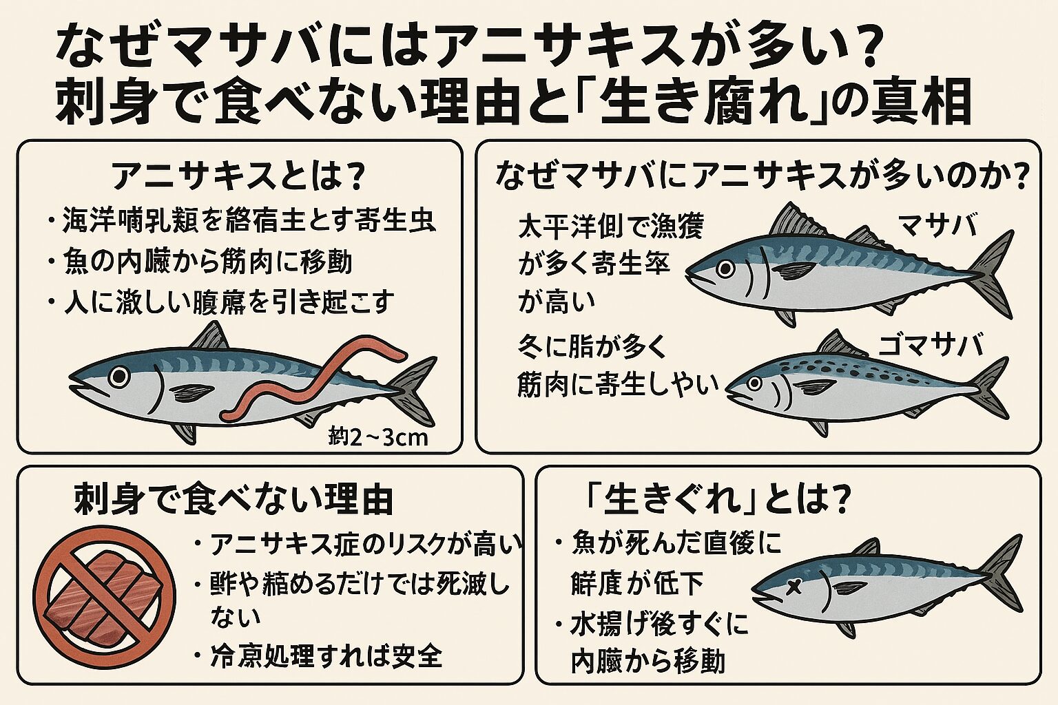 マサバにはアニサキスが多く、特に太平洋側のものは筋肉への移動率が高い 刺身で食べるには「活き締め」や「冷凍処理」が必須。釣太郎