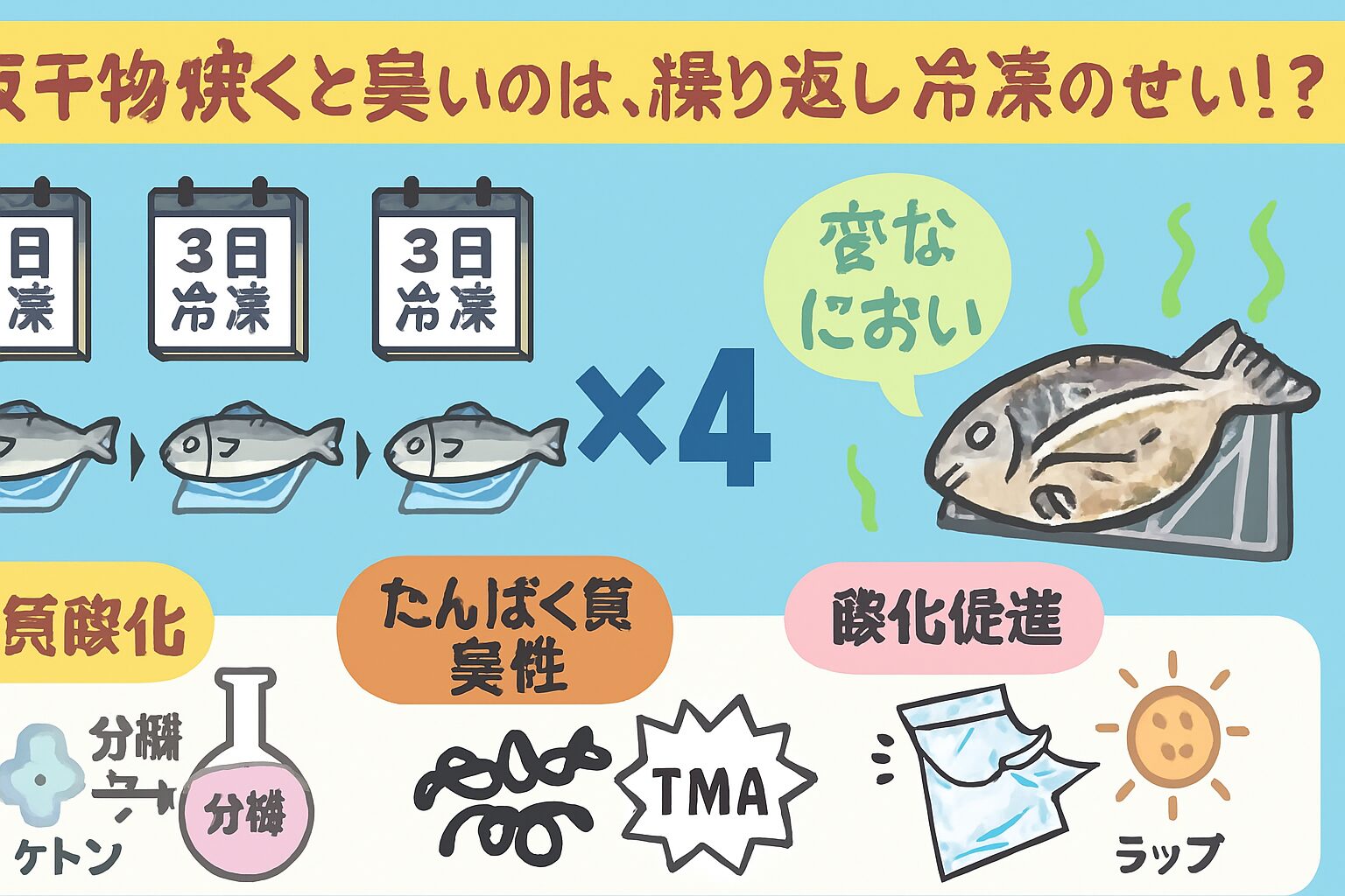 魚干物は保存性が高いとはいえ、冷凍を繰り返すことで品質が劣化し、焼いたときに「変なにおい」が発生します。釣太郎