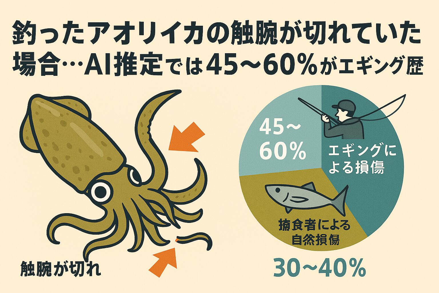 AI推定では45〜60％の確率で過去にエギングで釣られた可能性があります。釣太郎