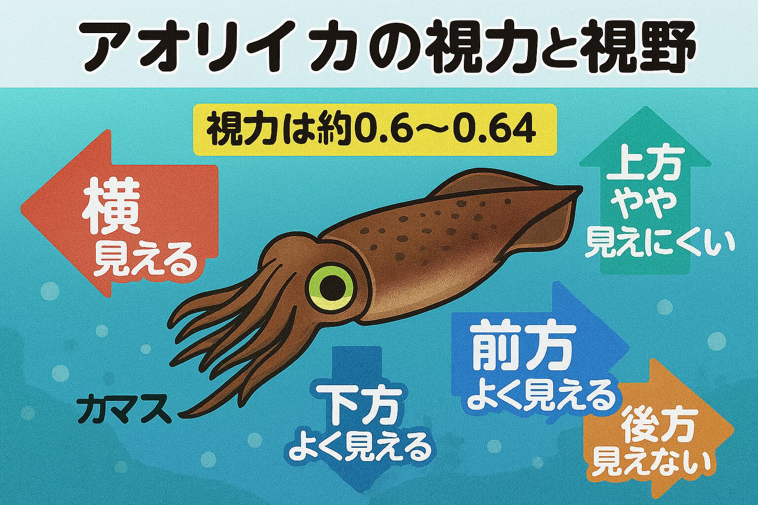 アオリイカの視力はどれくらい？視力は約0.6〜0.64とされ、人間の裸眼視力に近いレベル。ピント調整機能あり：レンズを前後に動かして焦点を合わせる「カメラ眼」釣太郎