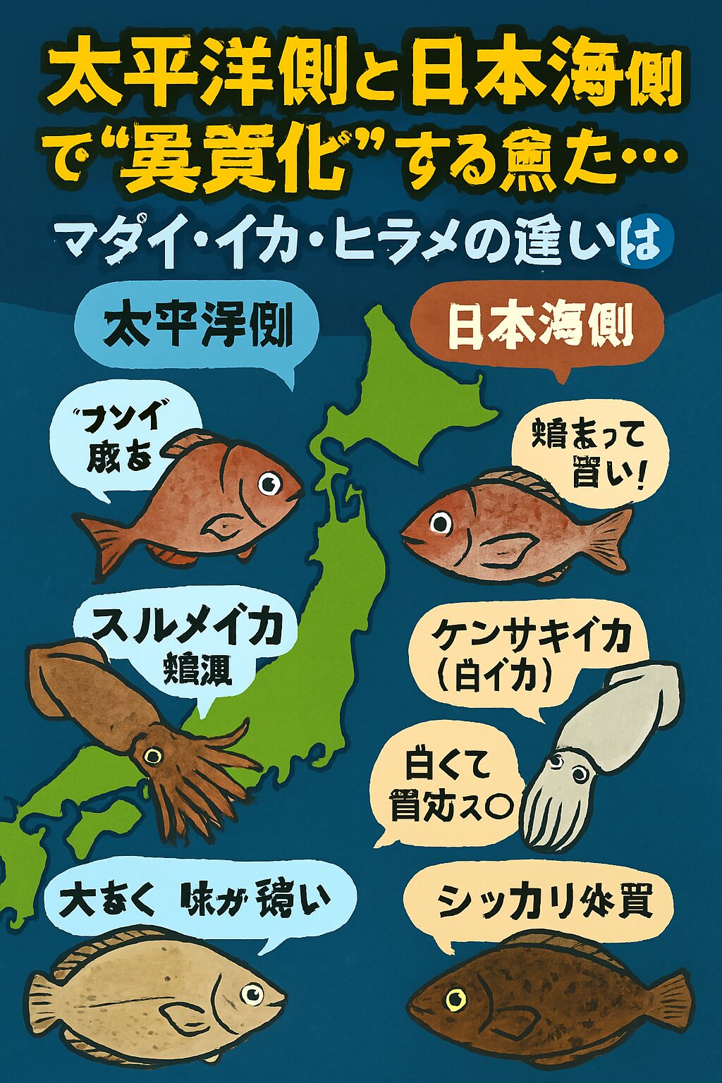 【同じ魚でも別物!?】太平洋側と日本海側で“異質化”する魚たち｜マダイ・イカ・ヒラメの違いをAIが徹底解説。釣太郎