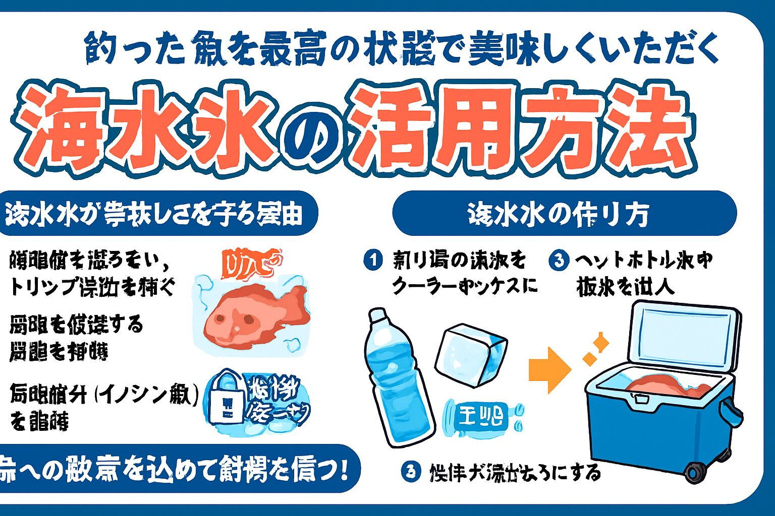 なぜ海水氷が「美味しさ」を守るのか？｜科学的根拠。 低温でも凍らない：海水は塩分濃度により凍結温度が下がるため、魚を凍らせずに冷却可能。 細胞膜を壊さない：急激な冷却で起こる細胞破壊を防ぎ、ドリップ（旨味の流出）を抑える。釣太郎
