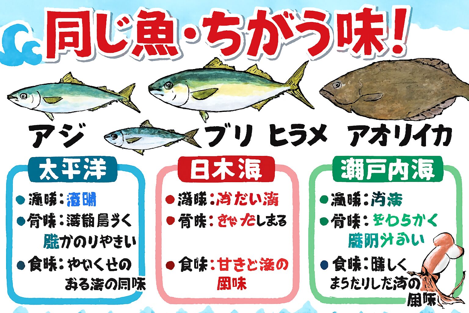 なぜ同じ魚種でも海域で違うのか?潮流の強さ:運動量が増え、筋肉質になり味が変化。水温・塩分濃度:脂の乗り方や成長速度に影響。エサの種類:プランクトン・小魚の違いで風味が変わる。漁法・鮮度管理:ブランド化・価格差の要因に。釣太郎