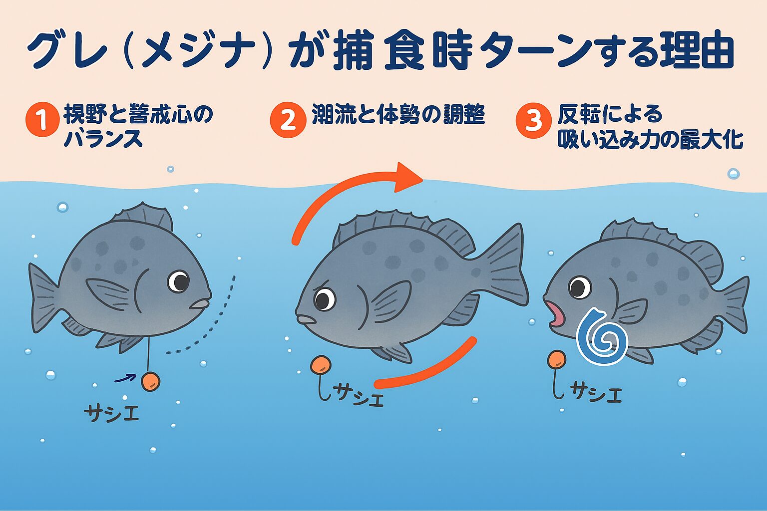 グレ(メジナ)が捕食時にターンする理由は、視野と警戒心のバランス、潮流と体勢の調整、反転による吸い込み力の最大化。釣太郎