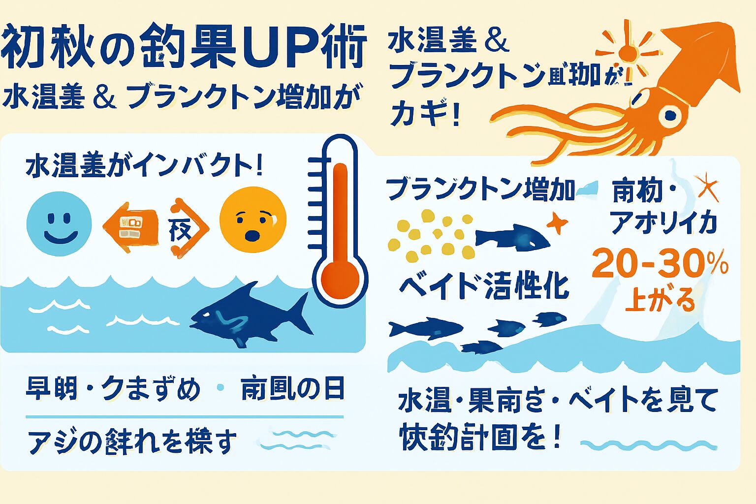 初秋、プランクトン増加→ベイト活性→青物・アオリイカ接岸率UPの流れ。釣太郎